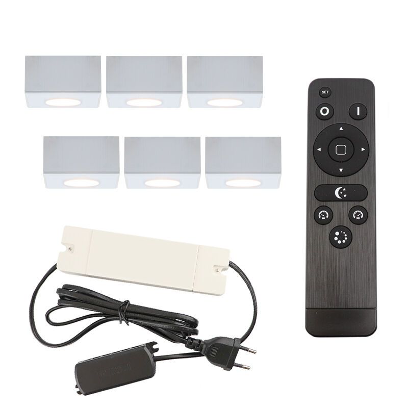 6 apliques de techo cuadrados blancos para porche Fredo, IP44, con set de conexión y mando a distancia