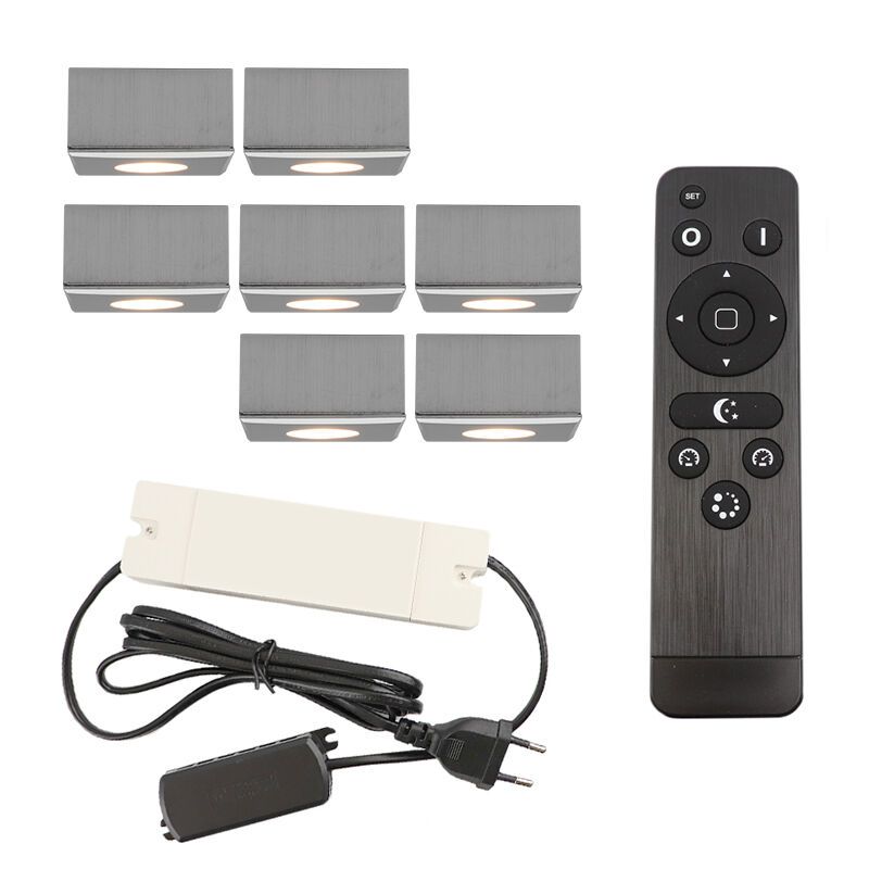 7 apliques de techo cuadrados cromados para porche Fredo, IP44, con set de conexión y mando a distancia