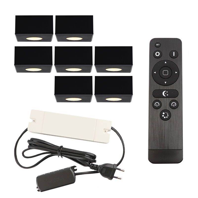 7 apliques de techo cuadrados negros para porche Fredo, IP44, con set de conexión y mando a distancia 7 apliques de techo cuadrados negros para porche Fredo, IP44, con set de conexión y mando a distancia