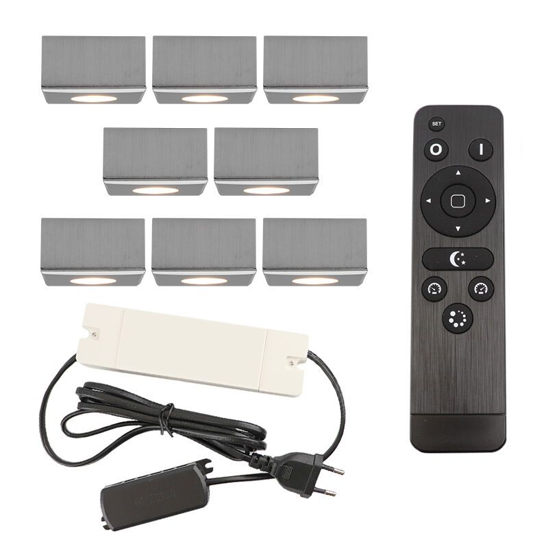 8 apliques de techo cuadrados cromados para porche Fredo, IP44, con set de conexión y mando a distancia