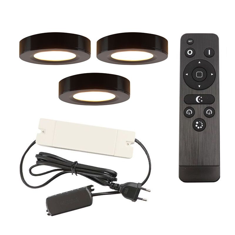 3 lámparas redondas para armario de cocina, negro, con set de conexión y mando a distancia