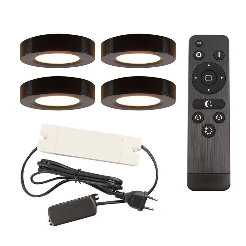 4 lámparas redondas para armario de cocina, negro, con set de conexión y mando a distancia 4 lámparas redondas para armario de cocina, negro, con set de conexión y mando a distancia