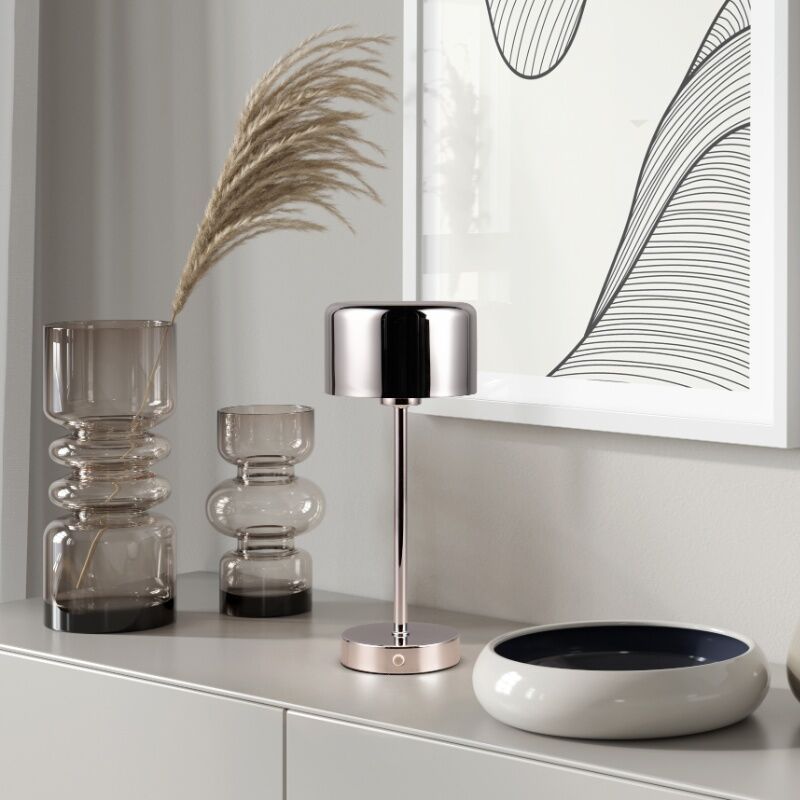 Lámpara de mesa recargable moderna cromada, Dustin, 1W, 3000K LED, con regulador táctil