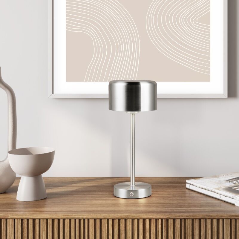 Lámpara de mesa recargable moderna níquel, Dustin, 1W, 3000K LED, con regulador táctil