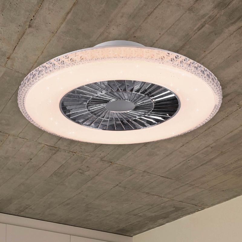 Ventilador de techo diseño cromado, Damon, 40W, ajustable entre luz blanco cálido y frío LED, con mando a distancia