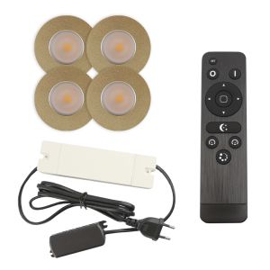 4 focos empotrables de color latón para porche Dico, IP65, con set de conexión y mando a distancia