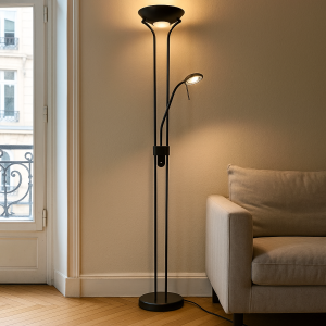Lámpara de pie de lectura negra moderna, Salvador, 18W, 3000K LED, con interruptor