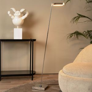 Lámpara de pie de lectura moderna cromada, Aaron, 12W, 2700K LED, con regulador táctil