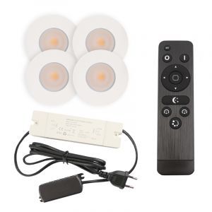4 focos empotrables blancos para porche Dico, IP65, con set de conexión y mando a distancia