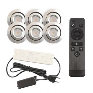6 focos empotrables orientables para porche Rona, IP44, con set de conexión y mando a distancia, cromo