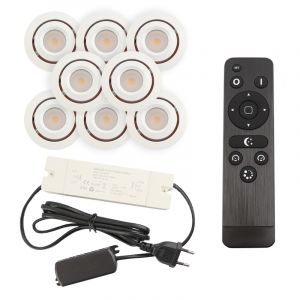 8 focos empotrables orientables para porche Rona, IP44, con set de conexión y mando a distancia, blanco