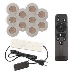 10 focos empotrables cromados para porche Dico, IP65, con set de conexión y mando a distancia