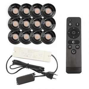 12 focos empotrables orientables para porche Rona, IP44, con set de conexión y mando a distancia, negro