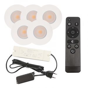 5 focos empotrables blancos para porche Dico, IP65, con set de conexión y mando a distancia