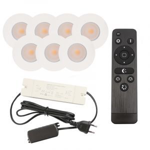 7 focos empotrables blancos para porche Dico, IP65, con set de conexión y mando a distancia