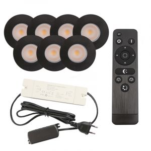 7 focos empotrables negros para porche Dico, IP65, con set de conexión y mando a distancia