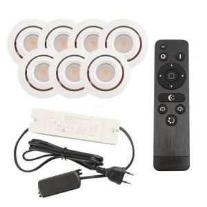 7 focos empotrables orientables para porche Rona, IP44, con set de conexión y mando a distancia, blanco