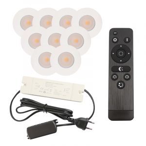 9 focos empotrables blancos para porche Dico, IP65, con set de conexión y mando a distancia