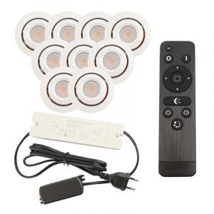 9 focos empotrables orientables para porche Rona, IP44, con set de conexión y mando a distancia, blanco
