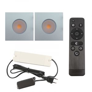 2 focos empotrables cuadrados cromados para porche Dico, IP65, con set de conexión y mando a distancia