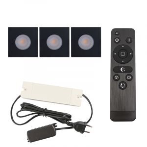 3 focos empotrables cuadrados negros para porche Dico, IP65, con set de conexión y mando a distancia