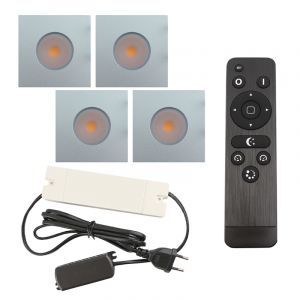 4 focos empotrables cuadrados cromados para porche Dico, IP65, con set de conexión y mando a distancia