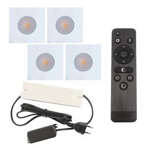 4 focos empotrables cuadrados blancos para porche Dico, IP65, con set de conexión y mando a distancia