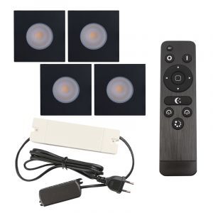 4 focos empotrables cuadrados negros para porche Dico, IP65, con set de conexión y mando a distancia
