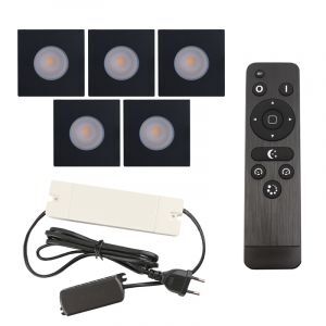 5 focos empotrables cuadrados negros para porche Dico, IP65, con set de conexión y mando a distancia