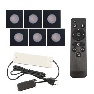 6 focos empotrables cuadrados negros para porche Dico, IP65, con set de conexión y mando a distancia
