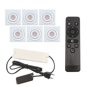 6 focos empotrables orientables para porche Rona cuadrado, IP44, con set de conexión y mando a distancia, blanco