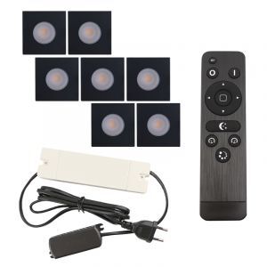 7 focos empotrables cuadrados negros para porche Dico, IP65, con set de conexión y mando a distancia