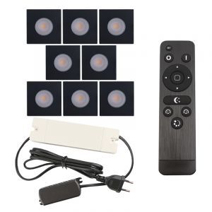 8 focos empotrables cuadrados negros para porche Dico, IP65, con set de conexión y mando a distancia