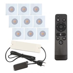 9 focos empotrables cuadrados blancos para porche Dico, IP65, con set de conexión y mando a distancia