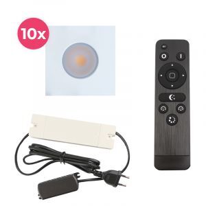 10 focos empotrables cuadrados blancos para porche Dico, IP65, con set de conexión y mando a distancia