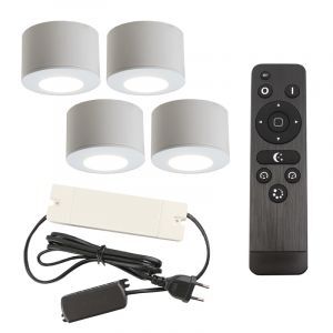 4 apliques de techo redondos blancos para porche Vasso, IP44, con set de conexión y mando a distancia