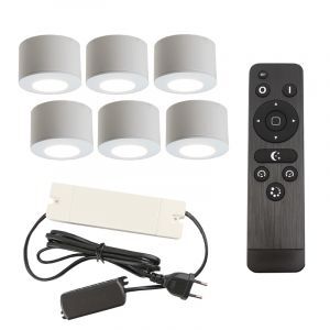 6 apliques de techo redondos blancos para porche Vasso, IP44, con set de conexión y mando a distancia