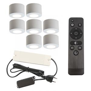 7 apliques de techo redondos blancos para porche Vasso, IP44, con set de conexión y mando a distancia