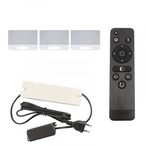 3 apliques de techo cuadrados blancos para porche Fredo, IP44, con set de conexión y mando a distancia