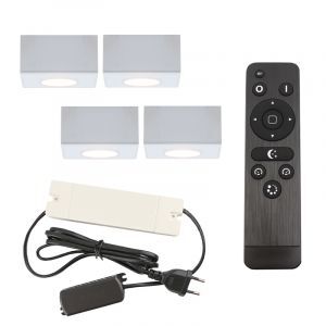 4 apliques de techo cuadrados blancos para porche Fredo, IP44, con set de conexión y mando a distancia