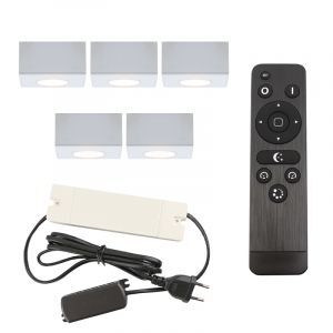5 apliques de techo cuadrados blancos para porche Fredo, IP44, con set de conexión y mando a distancia