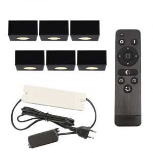 6 apliques de techo cuadrados negros para porche Fredo, IP44, con set de conexión y mando a distancia
