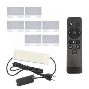 7 apliques de techo cuadrados blancos para porche Fredo, IP44, con set de conexión y mando a distancia