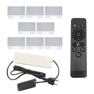 8 apliques de techo cuadrados blancos para porche Fredo, IP44, con set de conexión y mando a distancia