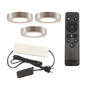 3 lámparas redondas para armario de cocina, plata, con set de conexión y mando a distancia