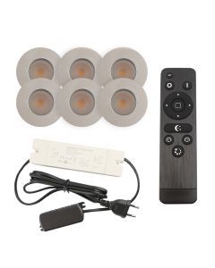 6 focos empotrables cromados para porche Dico, IP65, con set de conexión y mando a distancia