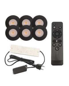 6 focos empotrables negros para porche Dico, IP65, con set de conexión y mando a distancia
