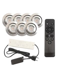 7 focos empotrables orientables para porche Rona, IP44, con set de conexión y mando a distancia, cromo