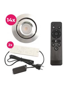 14 focos empotrables orientables para porche Rona, IP44, con set de conexión y mando a distancia, cromo