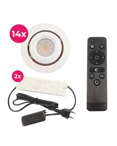 14 focos empotrables orientables para porche Rona, IP44, con set de conexión y mando a distancia, blanco